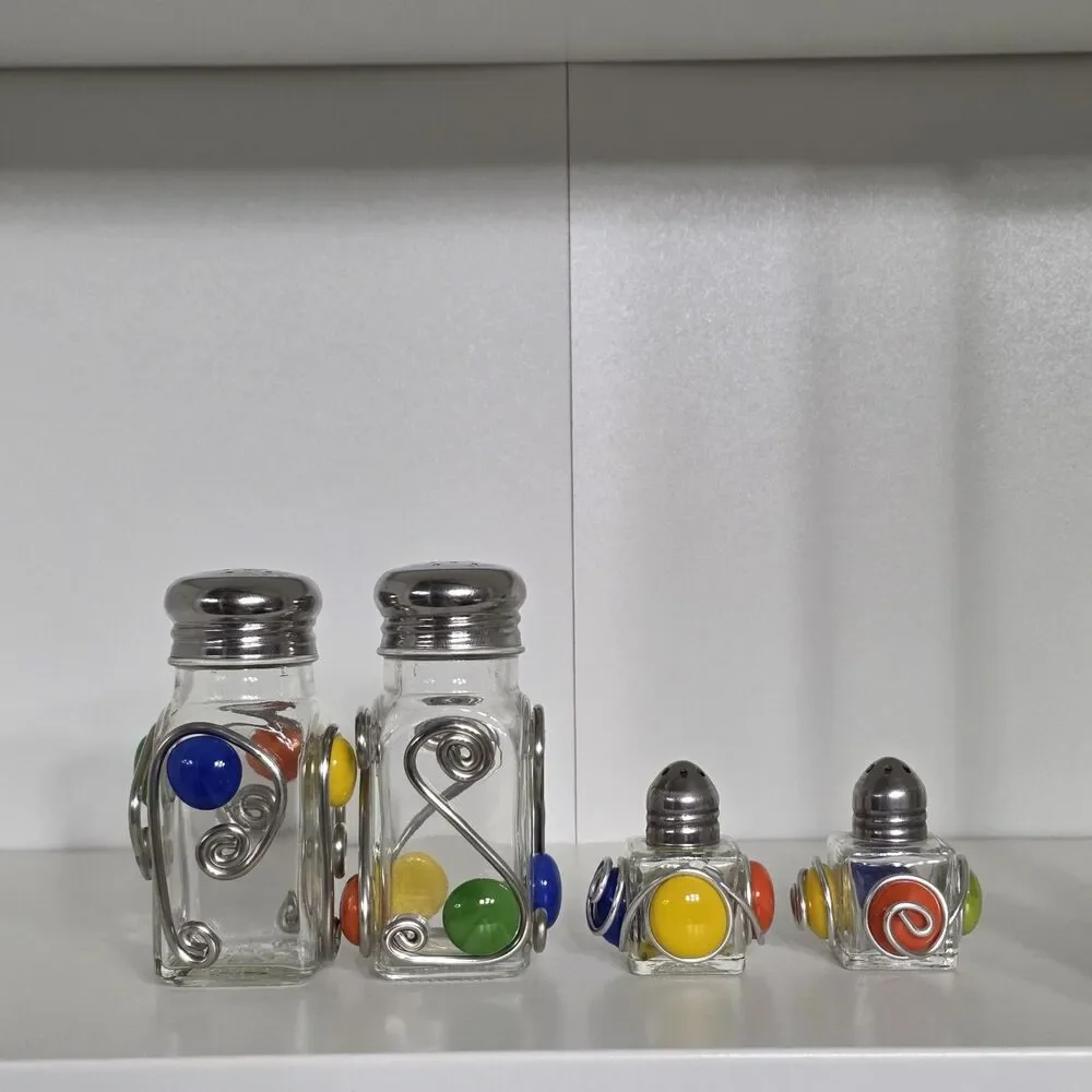 Salt And Pepper Shakers Beaded Glass Blue & Green MCM Design Set Of 4 Art Deco